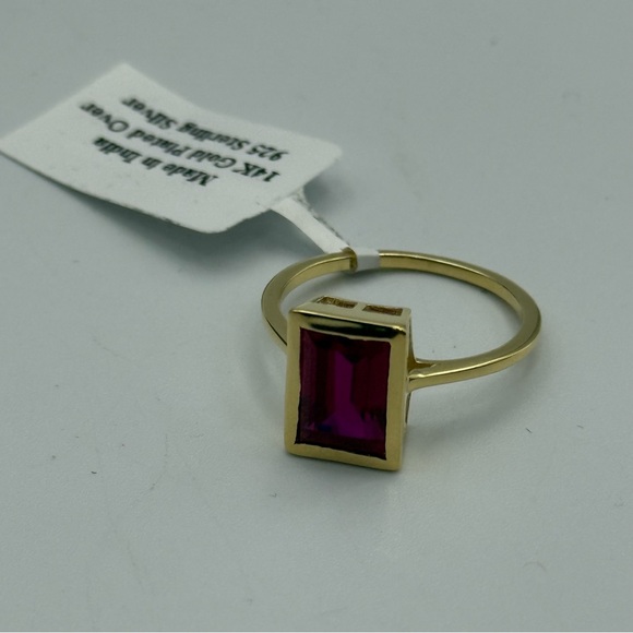 Elegant baguette lab created ruby ring sterling silver 14k gold plated size 8. - Picture 6 of 9